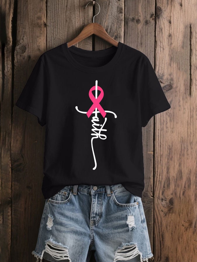 Women's Breast Cancer Awareness Faith Cross Print Casual T-Shirt