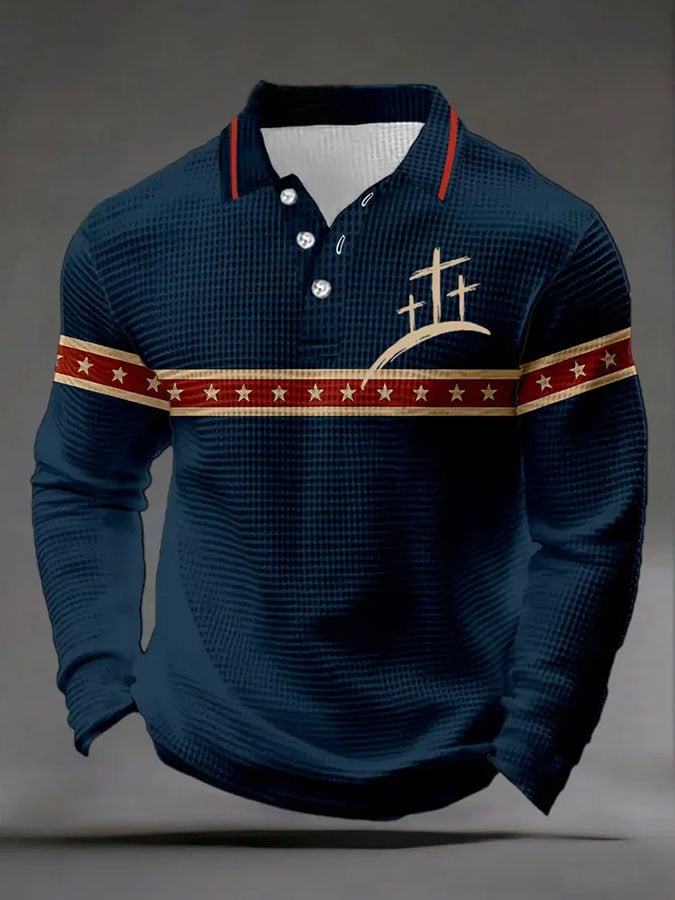 Men's Retro Letter Design Waffle Fabric Long Sleeve Polo Shirt