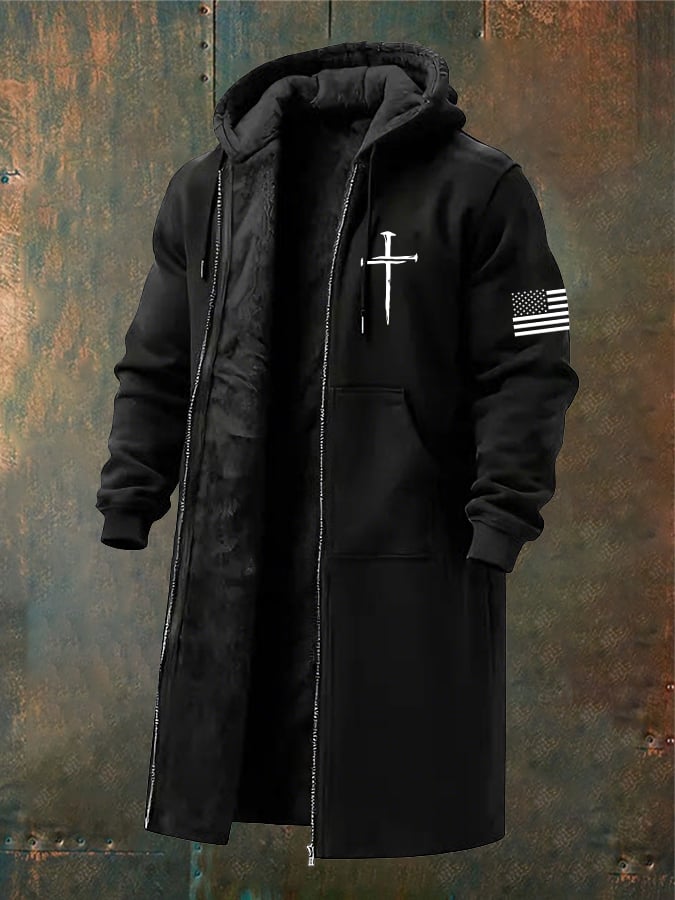 Men's Vintage Faith Fleece Pocket Full Zip Long Sleeve Hoodie Long Coat