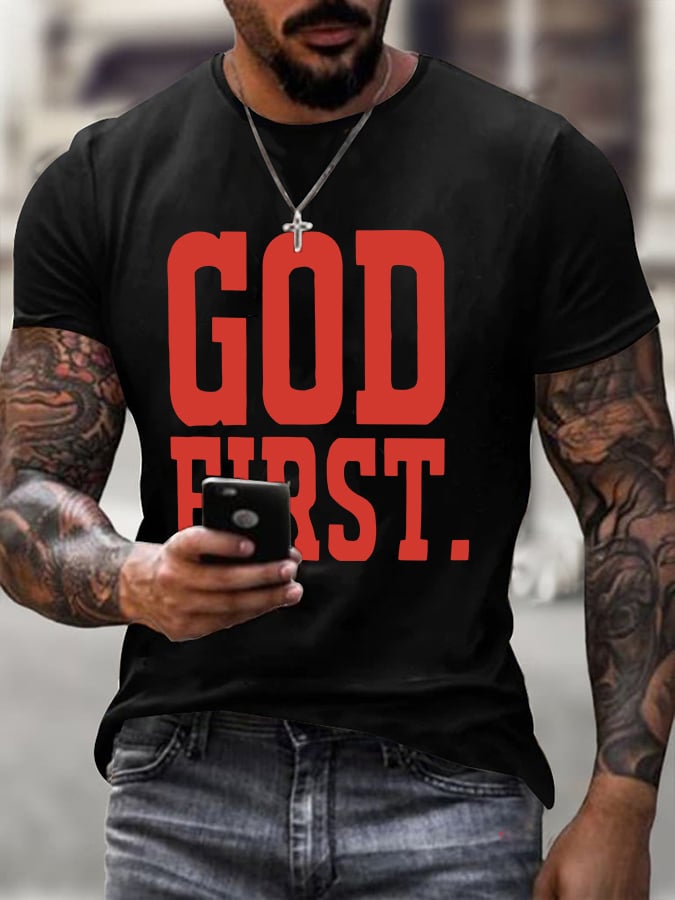 Men'S Casual "God First" Faith Print T-shirt