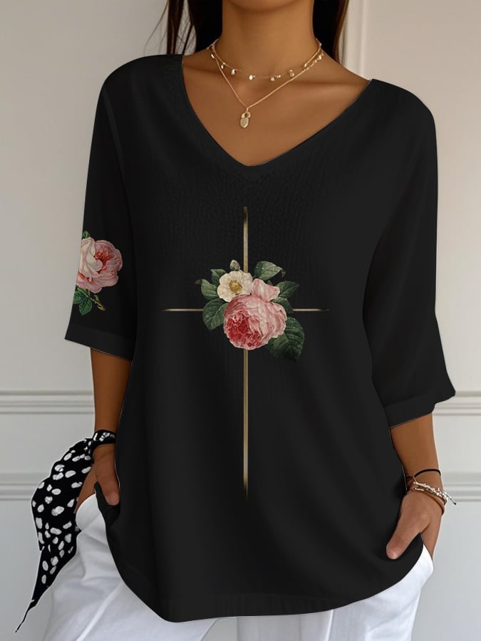 Women's Vintage Floral Metal Cross V-Neck T-Shirt