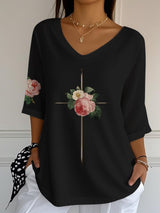 Women's Vintage Floral Metal Cross V-Neck T-Shirt