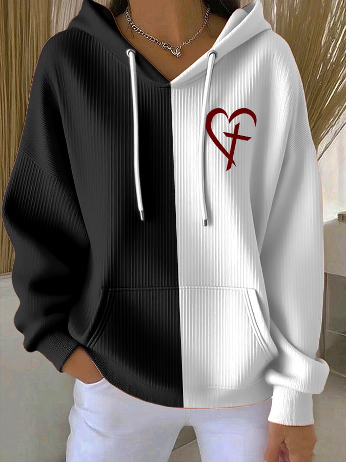Women's Casual Retro Faith Contrast Color Textured Hoodie
