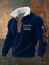 Men's Faith Over Fear Printed Knitted Fabric Zipper Fur Collar Sweatshirt