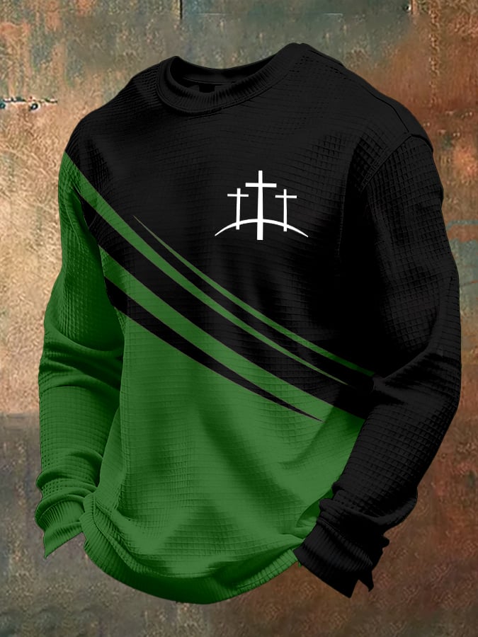 Men's Retro Faith Design Printed Waffle Fabric Long Sleeve T-Shirt