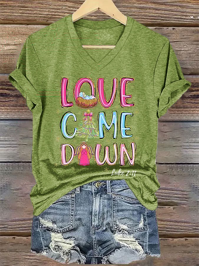 V-Neck Retro Christmas Faith Love Came Down Print T-Shirt
