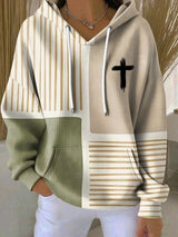 Women's Faith Cross Contrast Patchwork Print Casual Hooded Sweatshirt