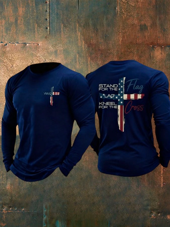 Men's Stand For The Flag Kneel For The Cross Printed Casual T-Shirt