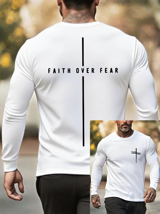 🔥Buy 3 Get 15% Off🔥Men's Retro Faith Cross "Faith Over Fear" Print Crew Neck T-Shirt