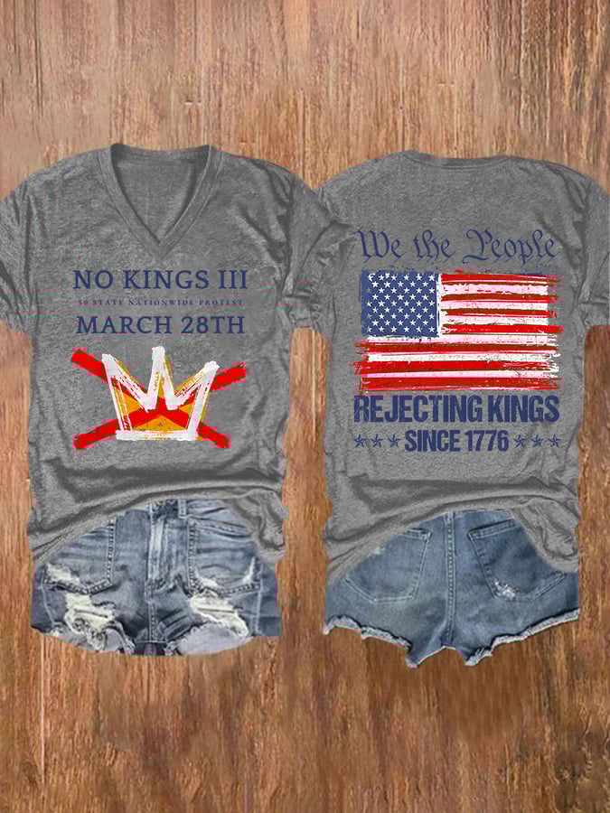 🔥Buy 3 Get 15% Off🔥V-Neck Retro No Kings III 50 State Nationwide Protest March 28th Rejecting Kings Since 1776 Print T-Shirt