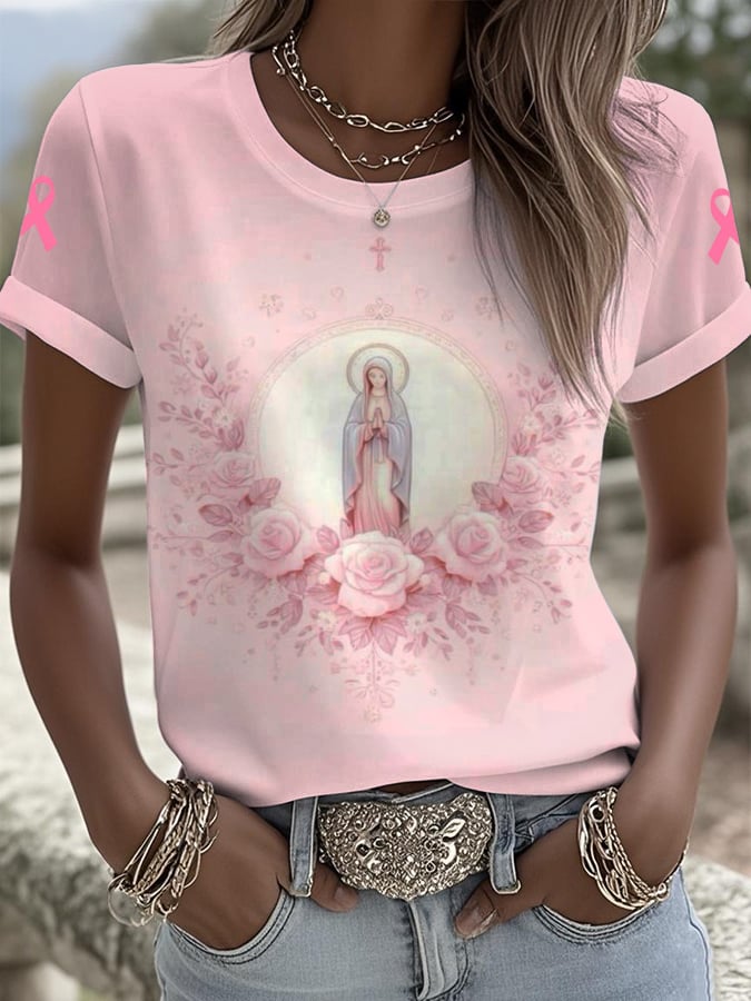 Women's Virgin Mary Pink Breast Cancer Awareness Print Round Neck T-Shirt