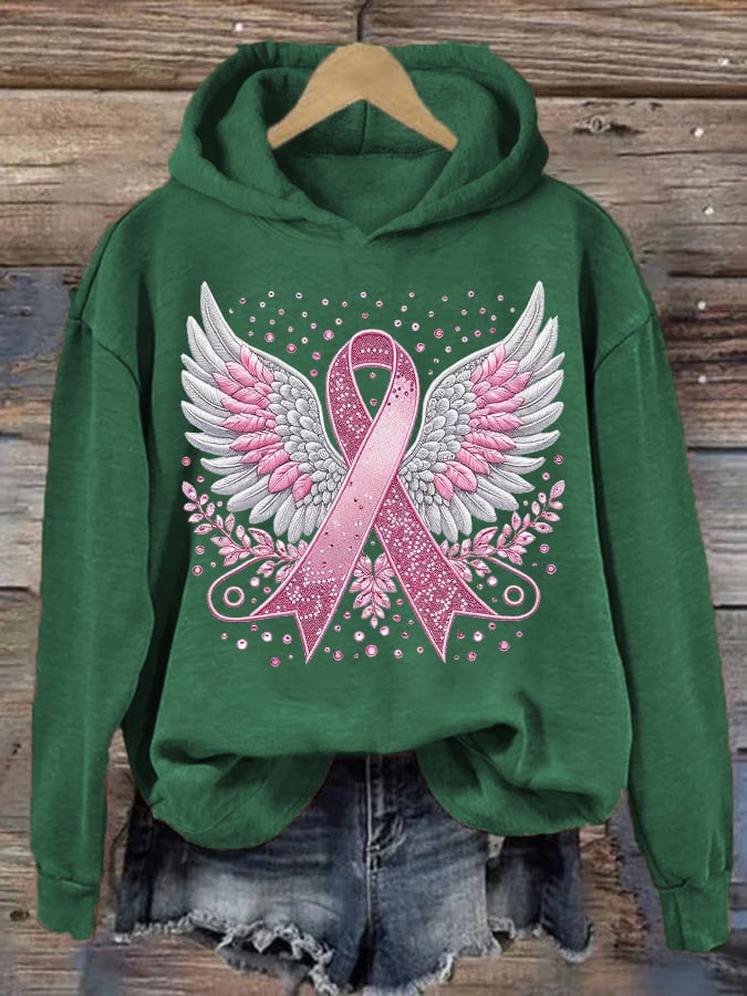 Women's Casual Pink Ribbon Wings Hoodie