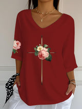 Women's Vintage Floral Metal Cross V-Neck T-Shirt