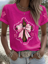 Retro Breast Cancer Awareness Faith Cross Pink Ribbon She Is Clothed With Strength And Dignity; She Can Laugh At The Days To Come Proverbs 31:25 Print T-Shirt