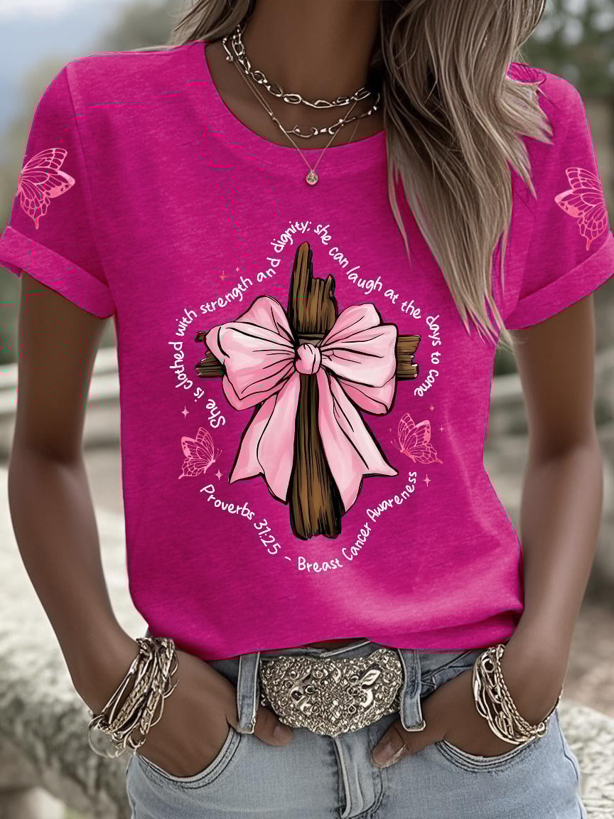 Retro Breast Cancer Awareness Faith Cross Pink Ribbon She Is Clothed With Strength And Dignity; She Can Laugh At The Days To Come Proverbs 31:25 Print T-Shirt