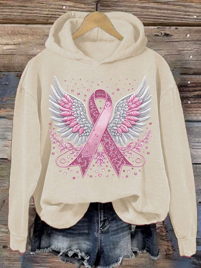 Women's Casual Pink Ribbon Wings Hoodie