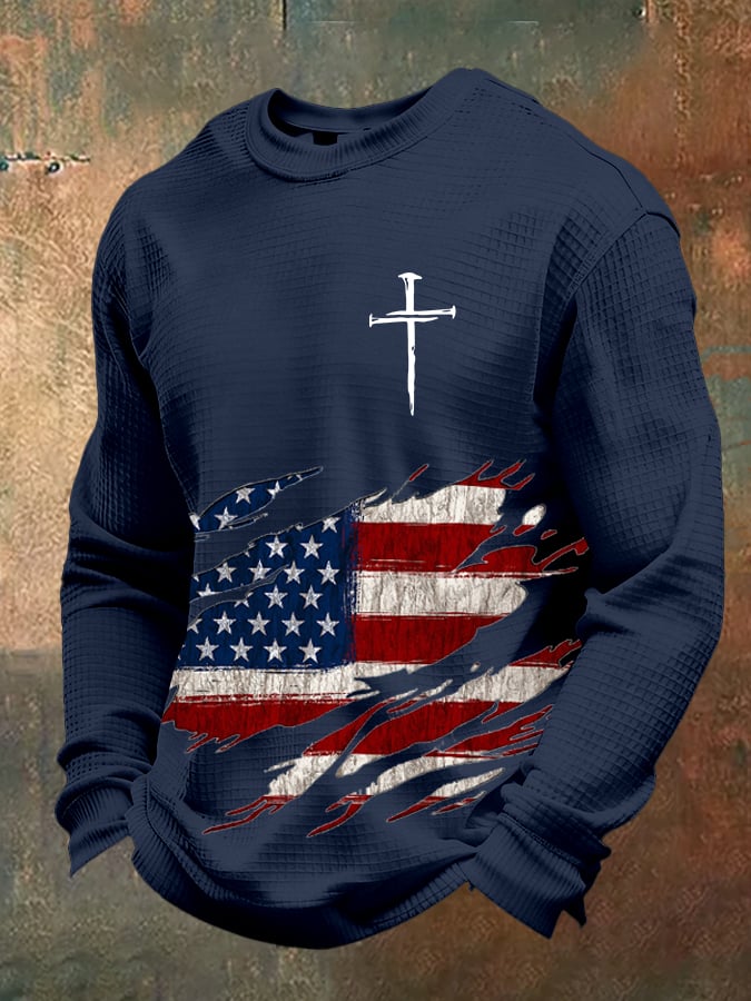 Men's Retro Faith Design Printed Waffle Fabric Long Sleeve T-Shirt