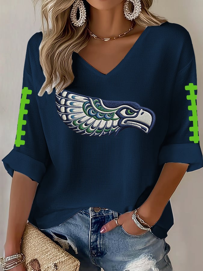 Women's Football Print Waffle Long Sleeve T-Shirt