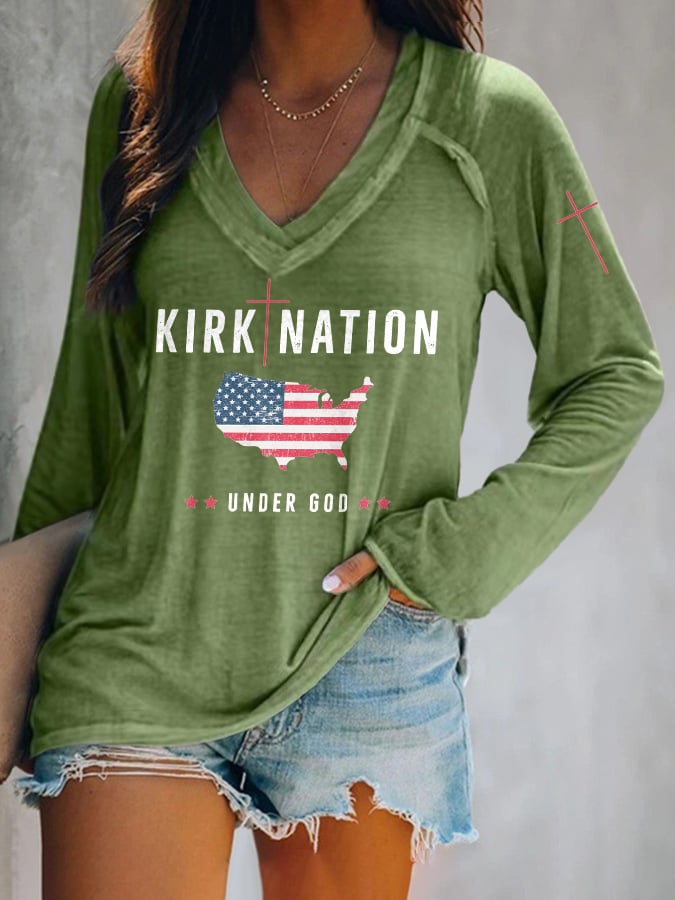 V-neck Retro Kirk Nation Under God Print T-Shirt