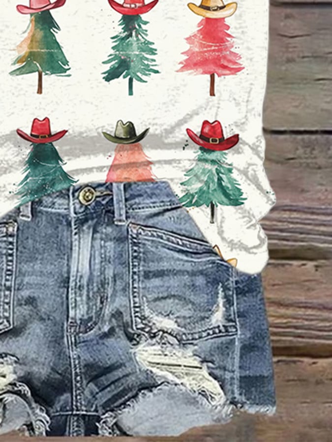 V-Neck Retro Texas Cowboy Christmas Tree Print T-Shirt