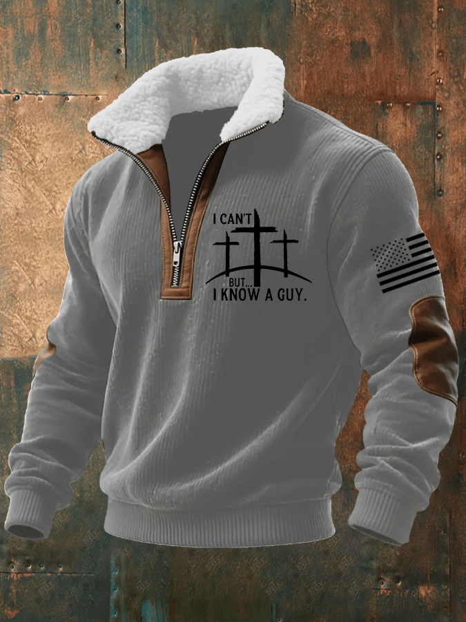 Men's Faith Print Knitted Fabric Zipper Fur Collar Long-Sleeved Sweatshirt