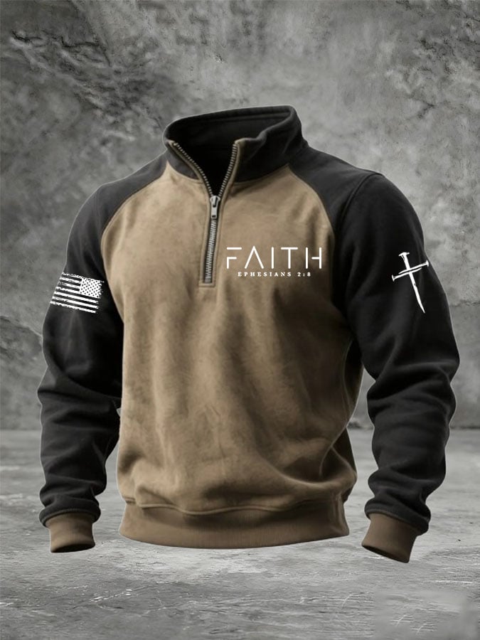Men's Faith Cross Print Zipper Neck Sweatshirt