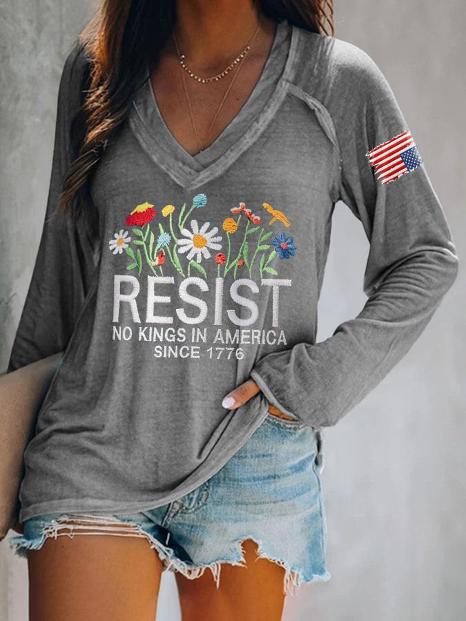 🔥Buy 3 Get 15% Off🔥V-neck Retro Resist No Kings In America Since 1776 Print T-Shirt