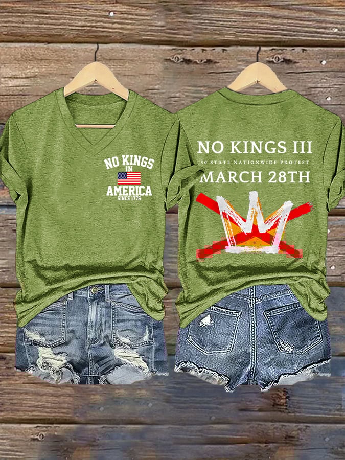 🔥Buy 3 Get 15% Off🔥V-Neck Retro No Kings III 50 State Nationwide Protest March 28th No Kings In America Since 1776 Print T-Shirt