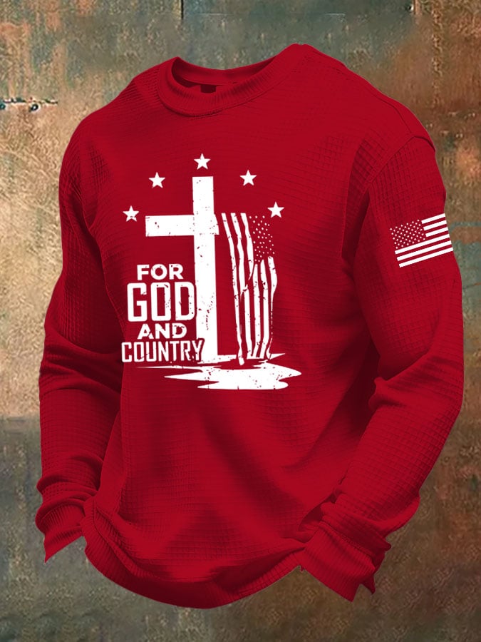 Men's USA Flag Cross For God And Country Print Casual Waffle T-Shirt