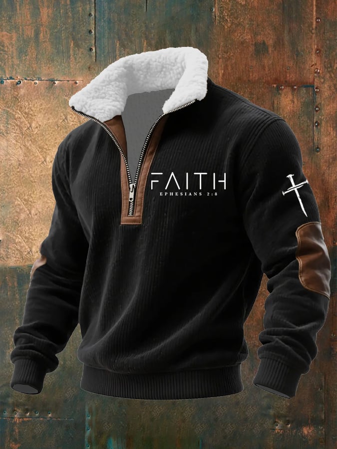 Men's Faith Print Knitted Fabric Zipper Fur Collar Long-Sleeved Sweatshirt