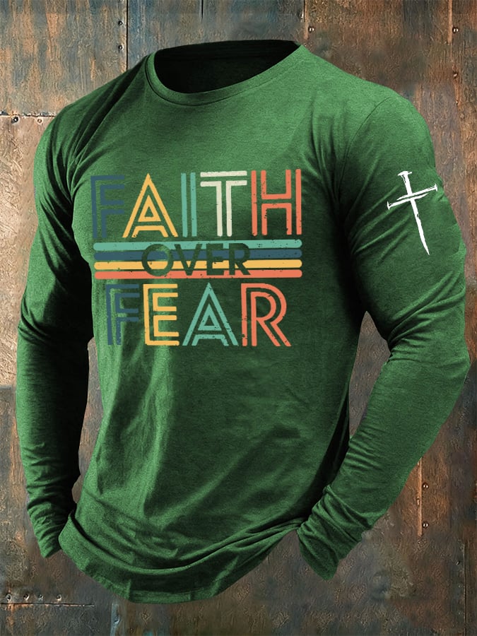 🔥Buy 3 Get 15% Off🔥Men's casual long-sleeved faith overcomes fear printed long-sleeved T-shirt
