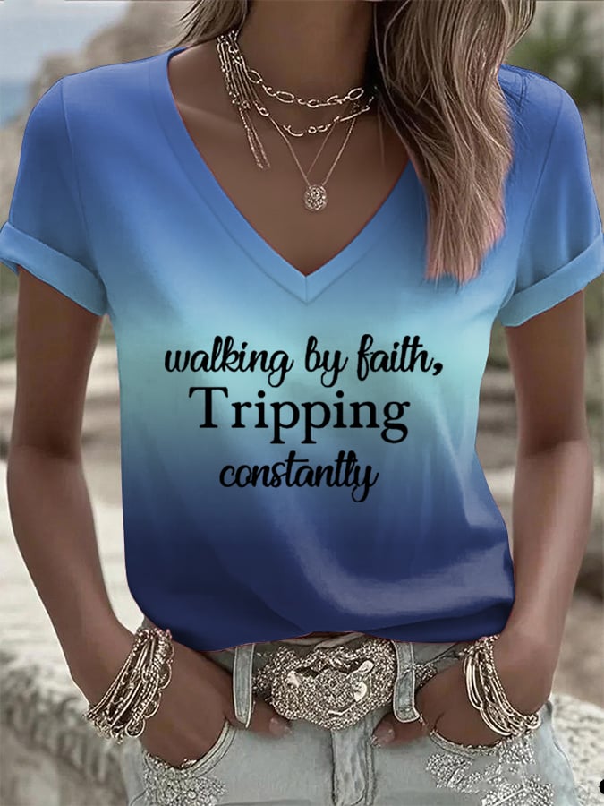 Women's Walking By Faith Tripping Constantly Print T-Shirt