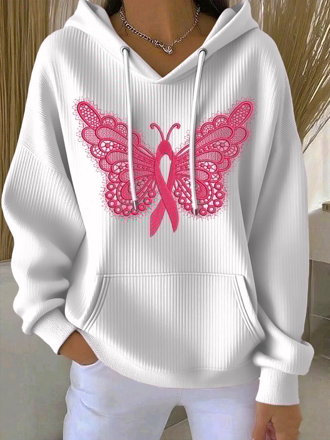 Women's Casual Pink Butterfly Ribbon Textured Hoodie