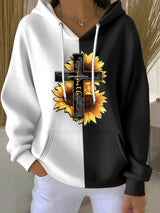 Women's Casual Retro Faith Contrast Color Textured Hoodie