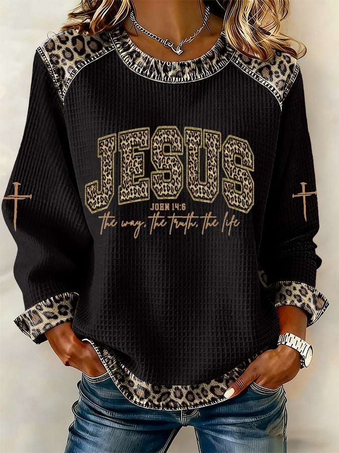 Women's The Way The Truth The Life Leopard Print Long-Sleeve Sweatshirt