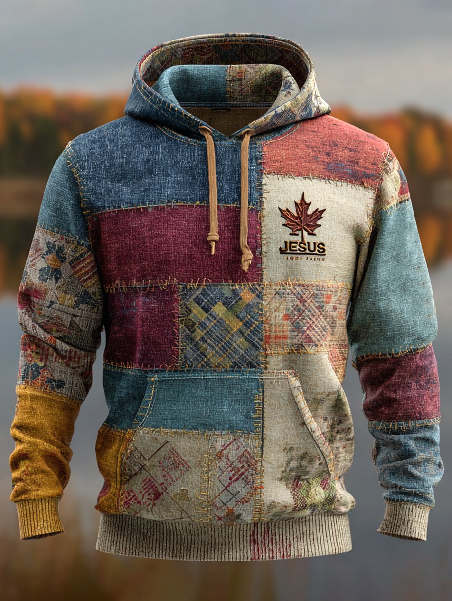 Men's Retro Casual Faith Cross Art Print Hoodie
