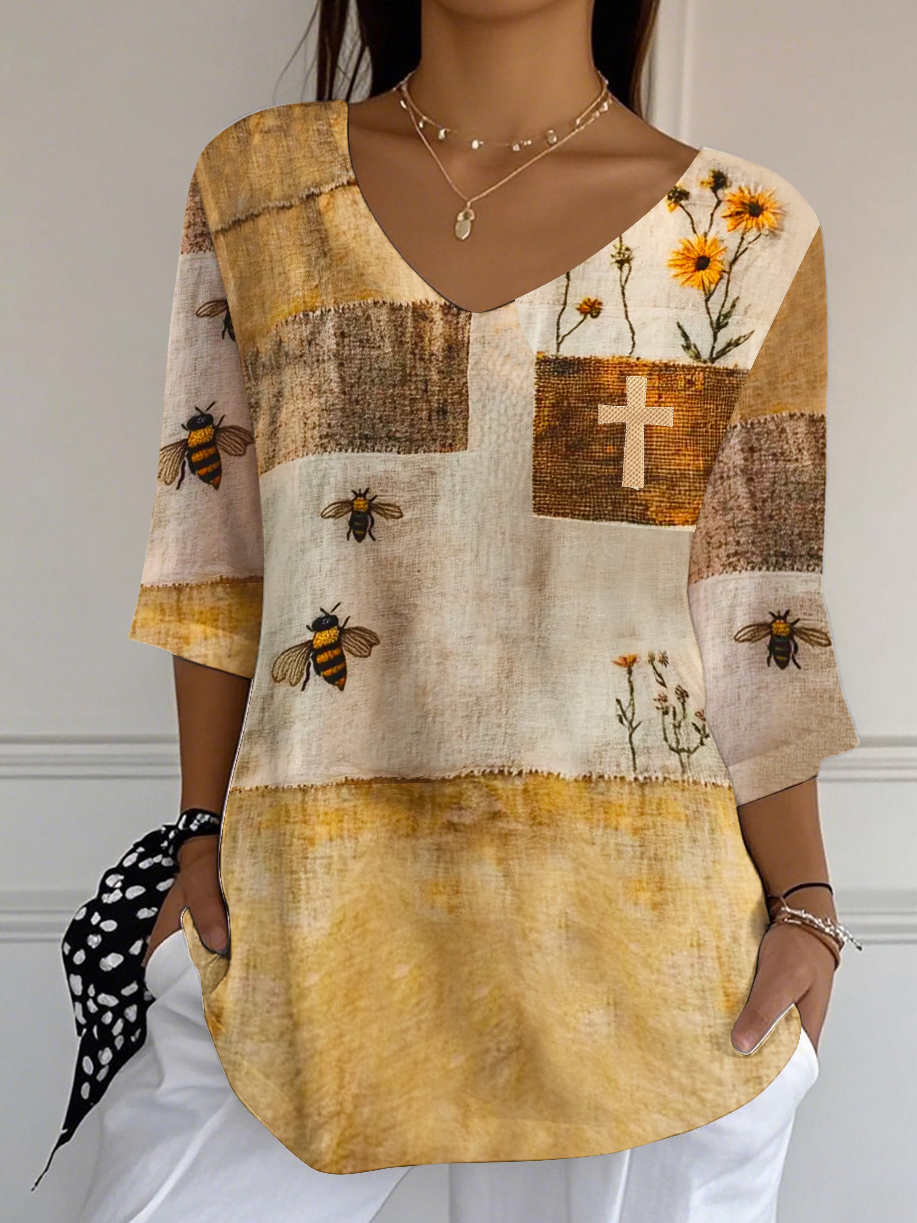 Women's Summer Vintage Cotton and Linen Bee Cross Printed Casual Top