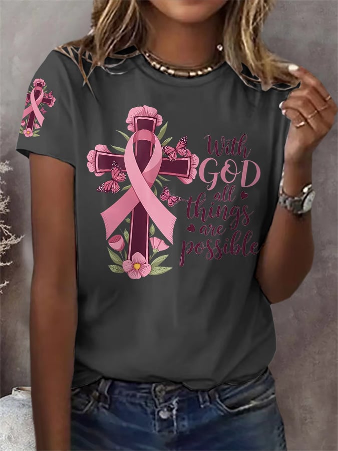 Retro Breast Cancer Awareness Pink Ribbon With God All Things Are Possible Print T-Shirt