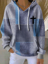 Women's Faith Cross Contrast Patchwork Print Casual Hooded Sweatshirt