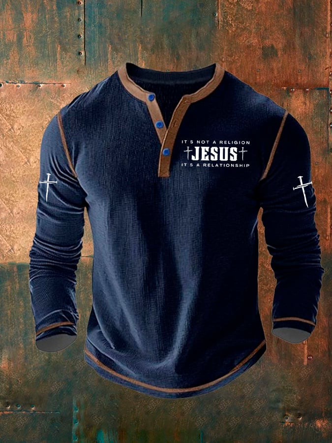 Men's Faith Cross Print Henley Collar Shirt