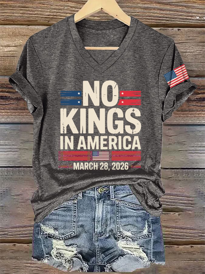 🔥Buy 3 Get 15% Off🔥V-Neck Retro No Kings In America March 28 2026 Print T-Shirt