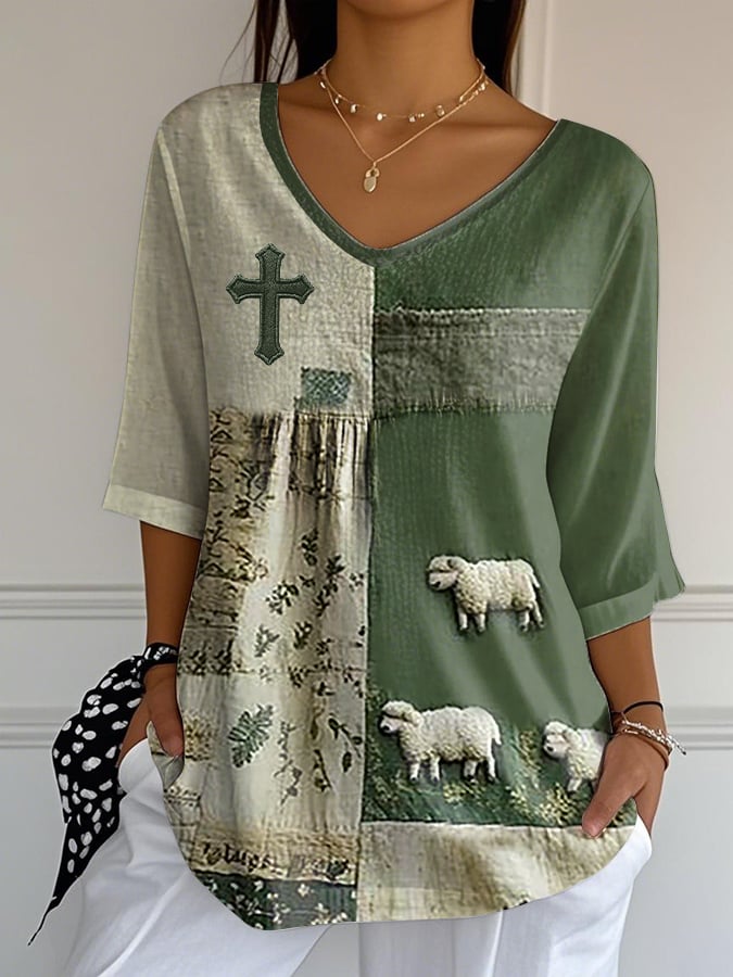 Women's Summer Faith Grassl And Lamb Print  Top