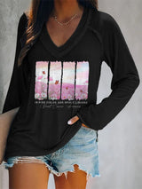 V-neck Retro Breast Cancer Awareness In Pink Fields, Her Spirit Lingers Print T-Shirt