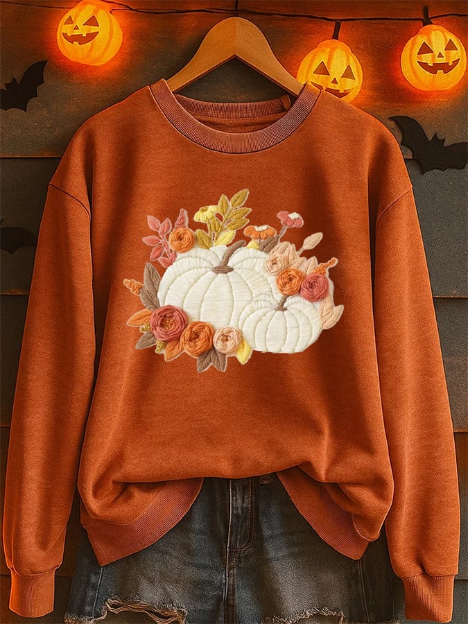 Women's Pumpkin Floral Print Casual Sweatshirt