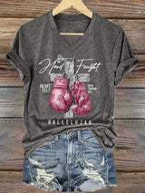 V-Neck Retro Breast Cancer Awareness I'll Bring My Hard Fought Heartfelt Been Through Hell Hallelujah Cross And Boxing Gloves Print T-Shirt