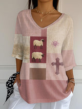 Women's Cute Lamb Floral Cross Faux Embroidery Print Long Top