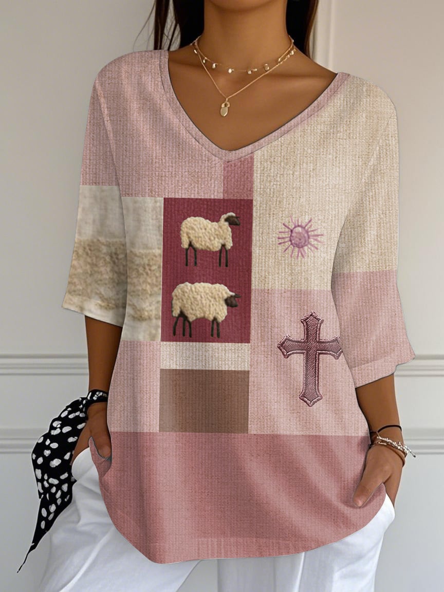 Women's Cute Lamb Floral Cross Faux Embroidery Print Long Top