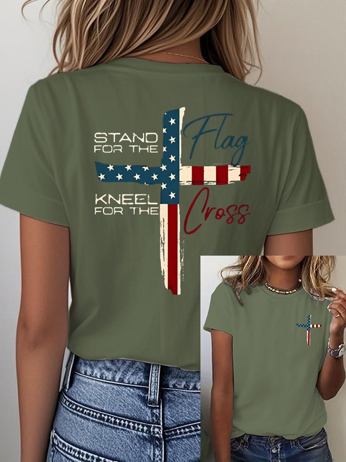 Women's Stand For The Flag Kneel For The Cross Printed Casual T-Shirt