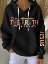 Women's Faith Cross Contrast The Way The Truth The Life Print Casual Hooded Sweatshirt