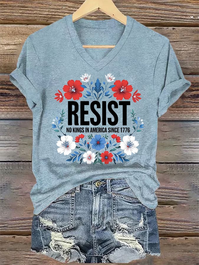 🔥Buy 3 Get 15% Off🔥V-Neck Retro Resist No Kings In America Since 1776 Print T-Shirt